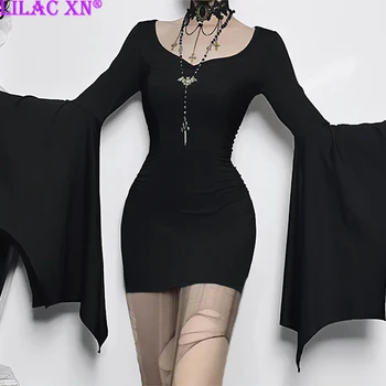Y2K Goth Zwart Batwing Lange Mouw Bodycon Feestjurken Vintage Sexy V-hals Slanke Mini Jurk Nieuwe Mode Vrouwen Korte Jurk