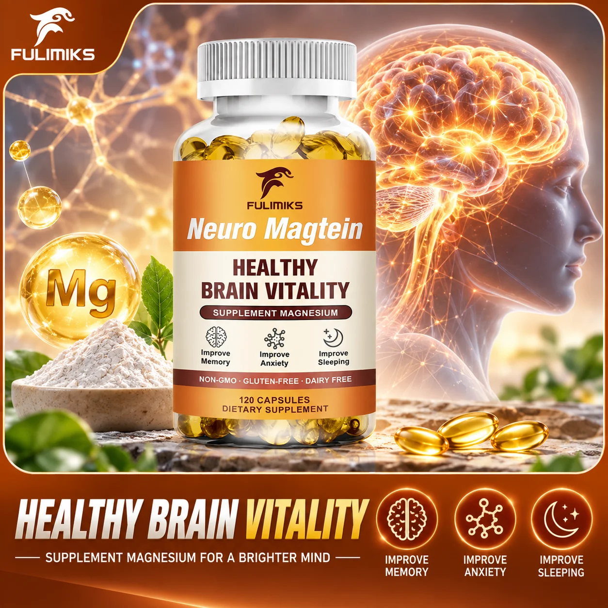 FULIMIKS Advanced Brain Vitality Magnesium Supplement, Supports Focus, Memory, Learning Ability, Deep Sleep & Mental Clarity