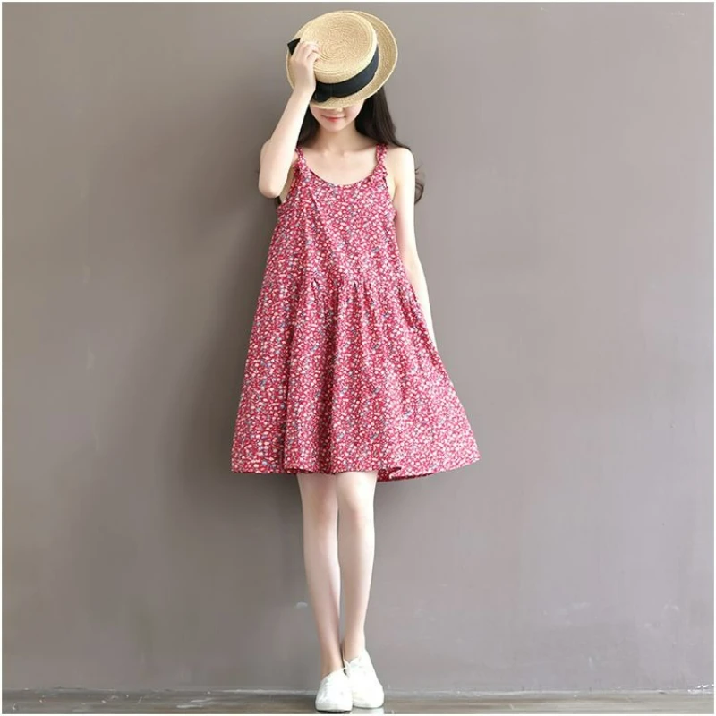 Japanese Retro Printing Short Backless Dress Small High Waist Thin Floral Versatile Cotton and Linen Suspender Skirt Minority