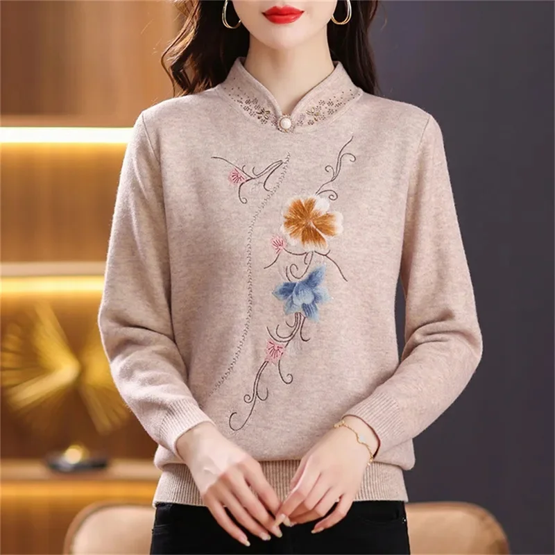 6XL Middle-Elderly Women\'s Winter Clothing Plush And Thick Sweaters Coat Fashion Mother\'s Diamond Embroidery Pullover Plush Warm