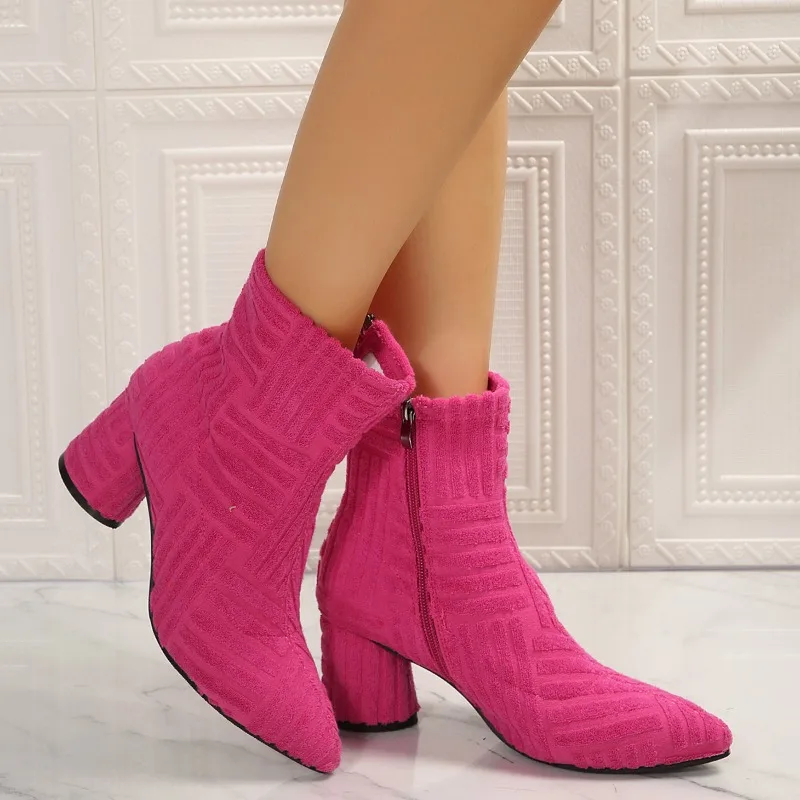 

Women Sexy Towel High Heels Ankle Boots Spring New Zipper Suede Platform Short Boots Pointed Toe Thick Heeled Pumps Zapatos36-43