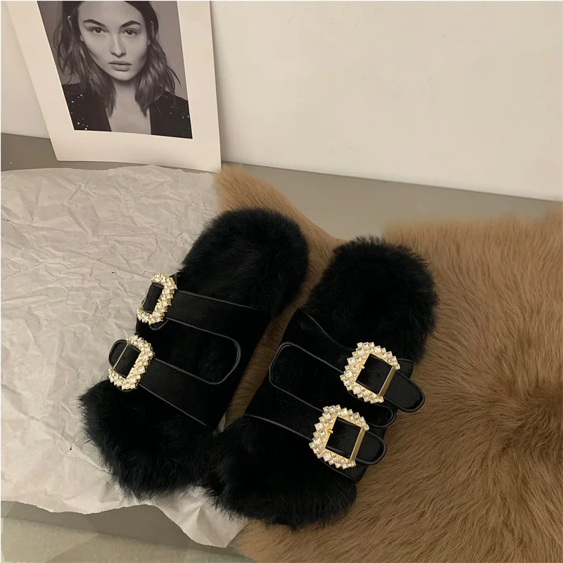 Fashionable And High-end Women\'s Fur Slippers Winter Casual Warmth Mink Fur Slippers High End Rhinestone Lace Up Home Slippers