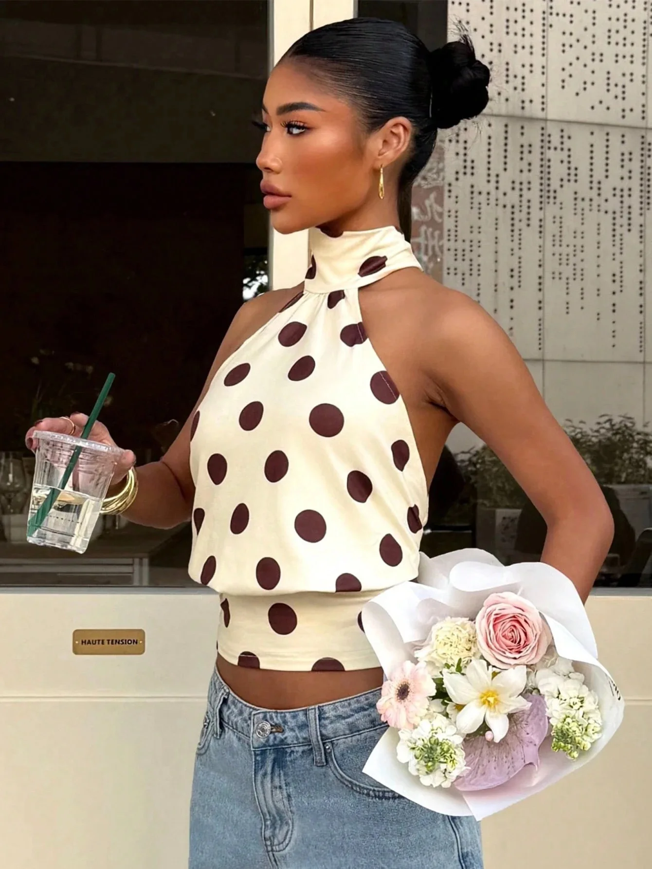 Y2K Retro Polka Dot Halter Crop Top Women Tie Back Open Back Sleeveless Sexy Tank Top For Daily Street Summer Outfit