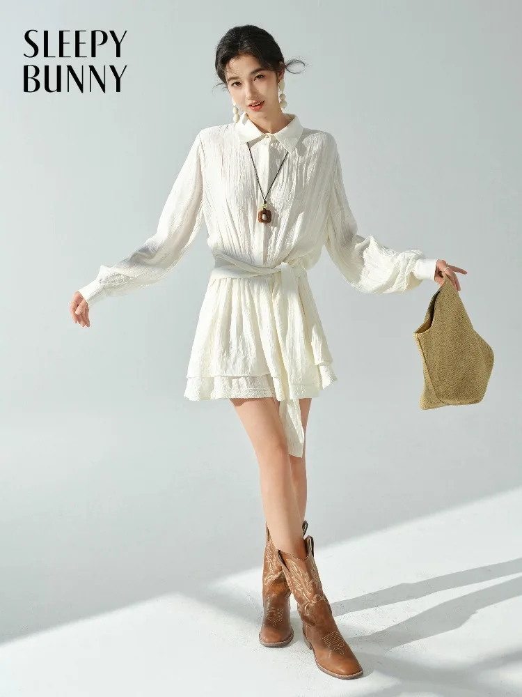 

Lace Trim Shirt Dress Elegant Sweet Slim Dress Mini Dress with Splicing Design and Bow Tie Waist for Women Autumn Summer Outfit