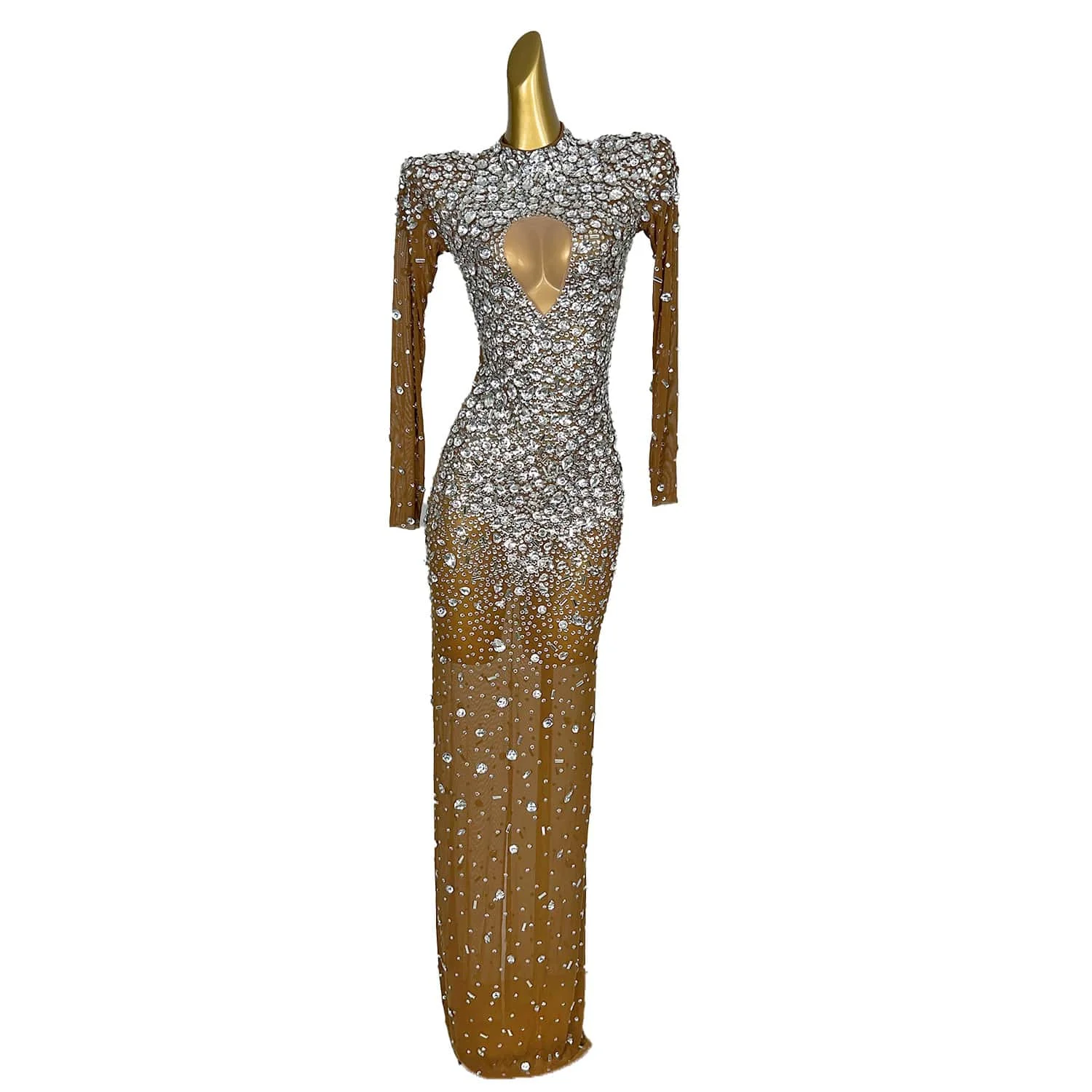 Vestido largo de manga larga con diamantes de imitación para mujer, traje Sexy de malla con diamantes de imitación brillantes, ideal para fiesta de cumpleaños y baile de noche, Cuican