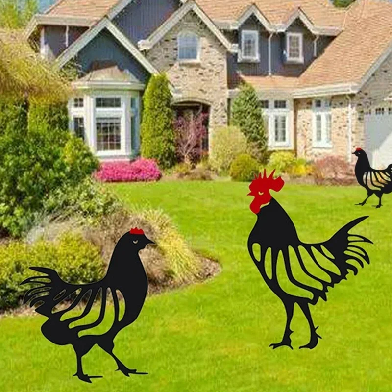 Chicken Statues Rooster Animal Silhouette Garden Yard Stake Yard Art Lawn Decor