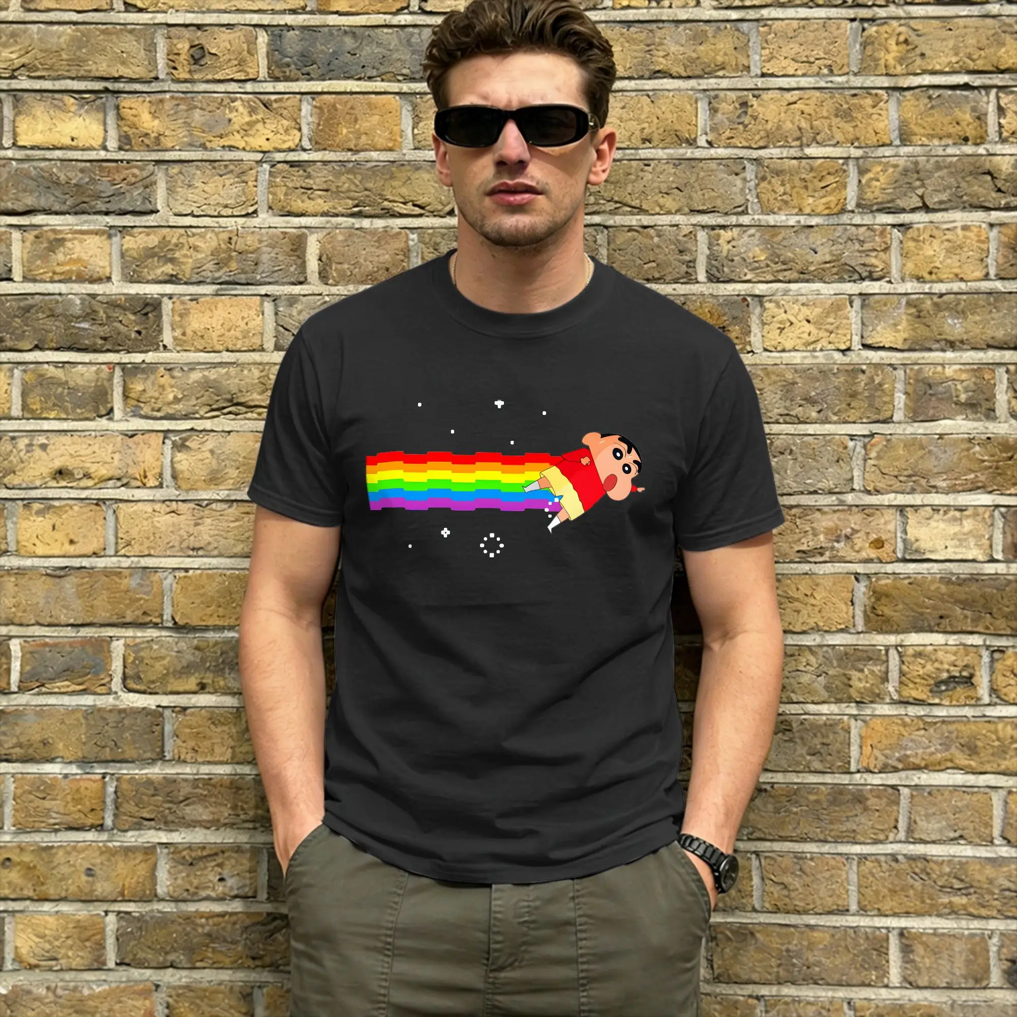 Men's Crayon Shin-chans T Shirts Nyan Pure Cotton Clothes Novelty Short Sleeve Round Neck Tees Plus Size T-Shirts