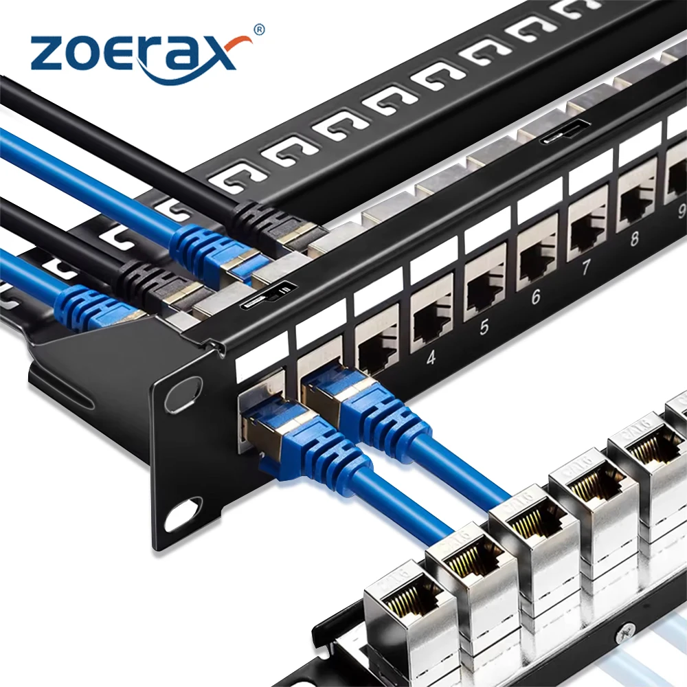 ZoeRax 24 Port RJ45 Patch Panel Cat6/Cat6a/Cat7 Feed Through, RJ45 Coupler Network Patch Panel 19 Inch