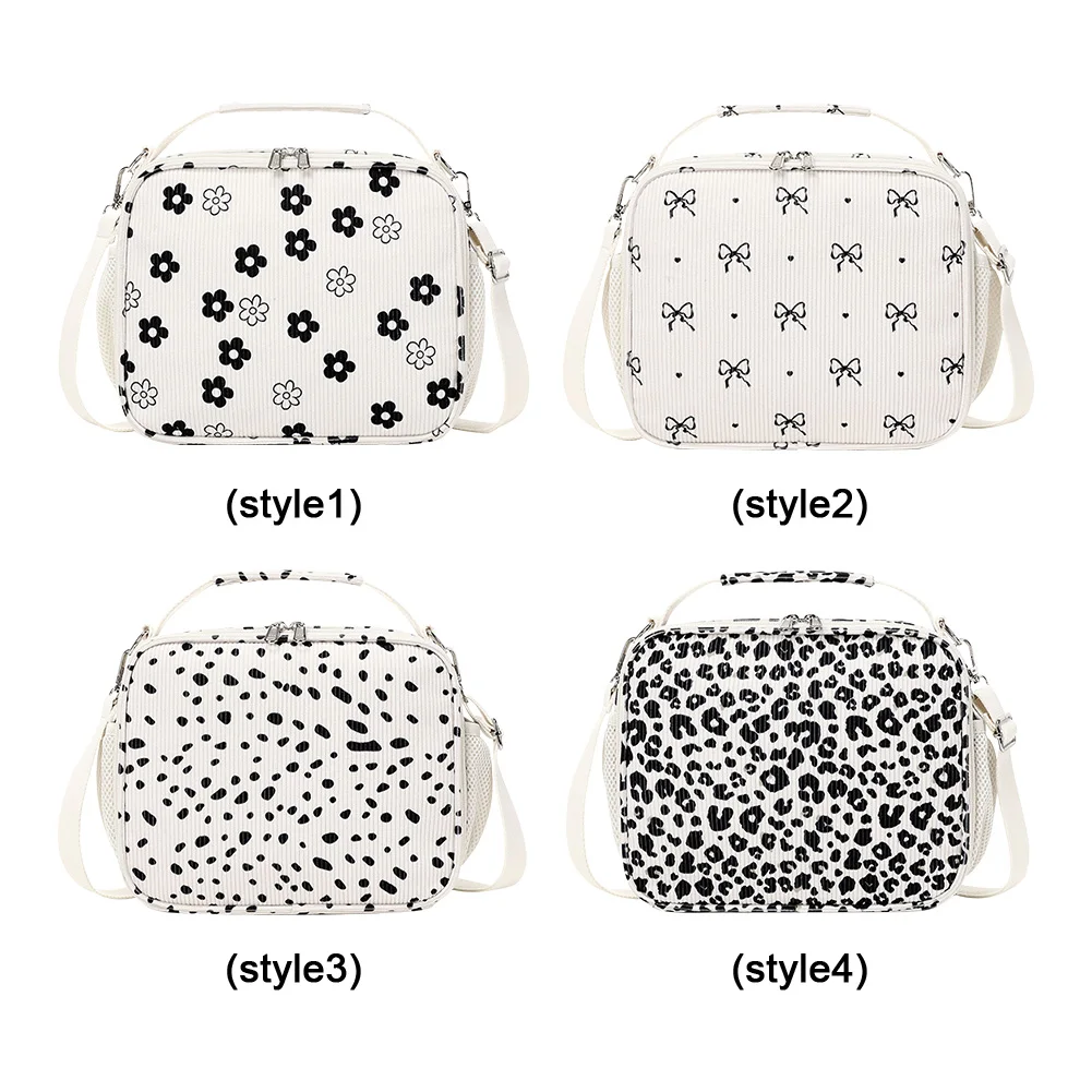 Tas Penyimpanan Kain Korduroi Besar, Kantong Makanan Piknik Bermotif Bunga, Kotak Makan Siang Berinsulasi untuk Piknik, Sekolah, Kerja, Perjalanan