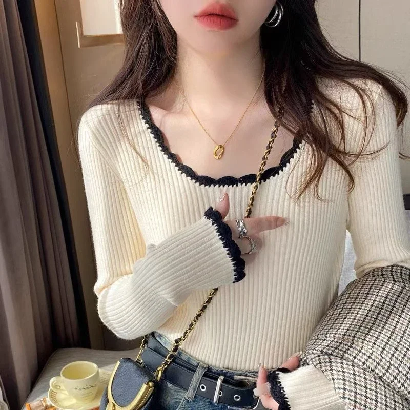 2026 Autumn Winter Square Neck Knitted Pullovers Women Long Sleeve Slim Soft Tops Casual Versatile Color Blocking Sweater