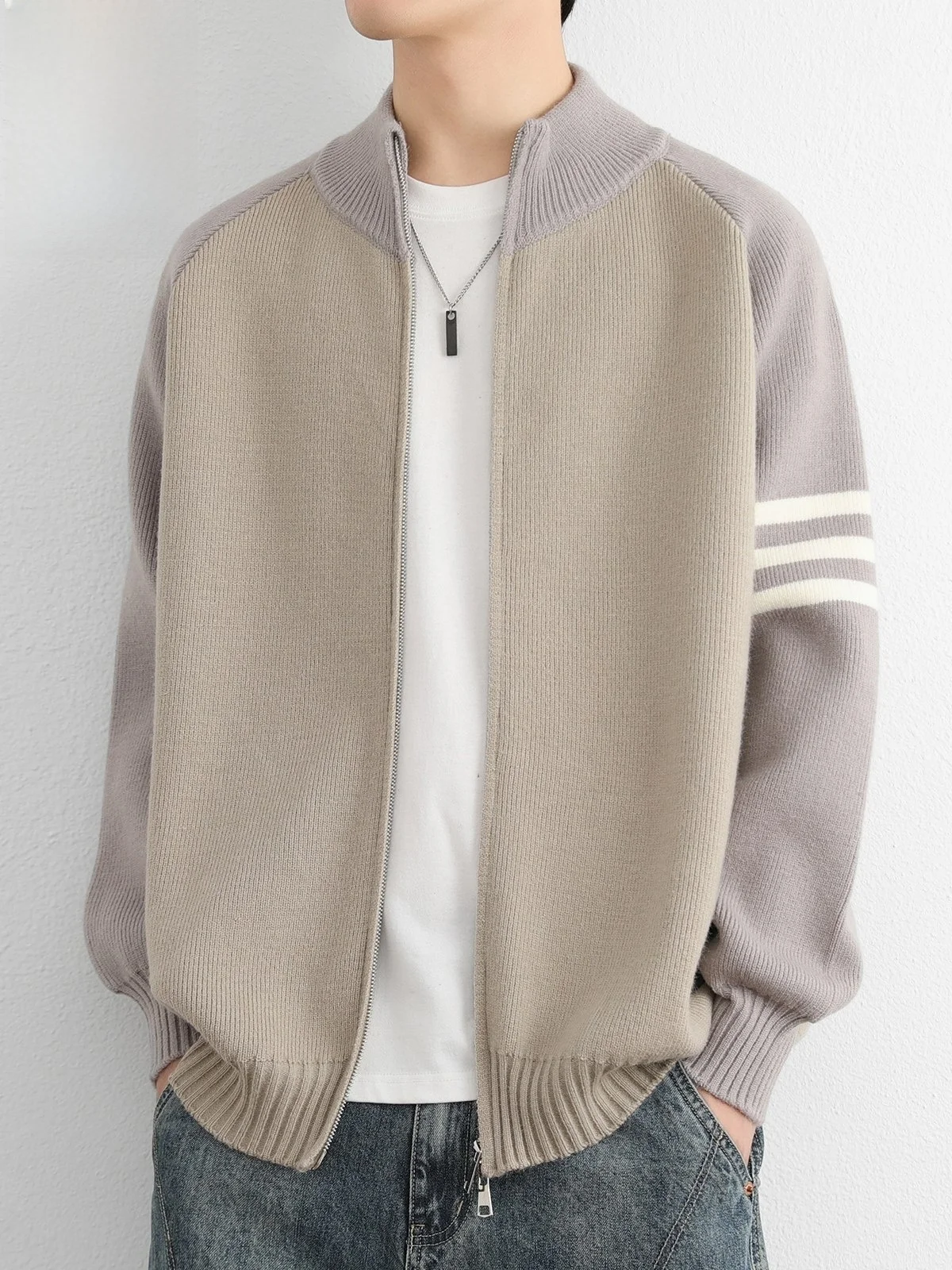 

Мужской вязаный кардиган на молнии с воротником, повседневный, с цветными вставками, осенний, модный, молодежный, из смесового полиэстера