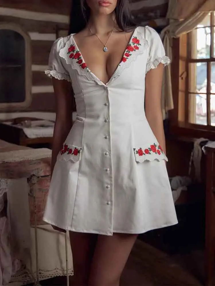 

European style new women's fashion versatile temperament leisure simple embroidered V-neck short dress