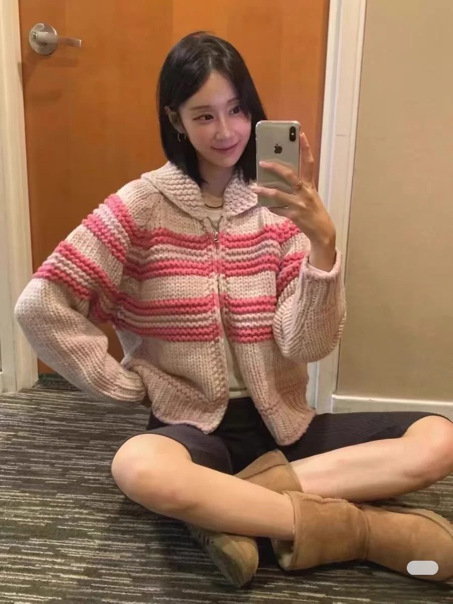 Suéter coreano Sle hecho a mano con aguja Thi, Color adient, Jaet, ligero, cálido, informal, holgado, ropa de abrigo de invierno