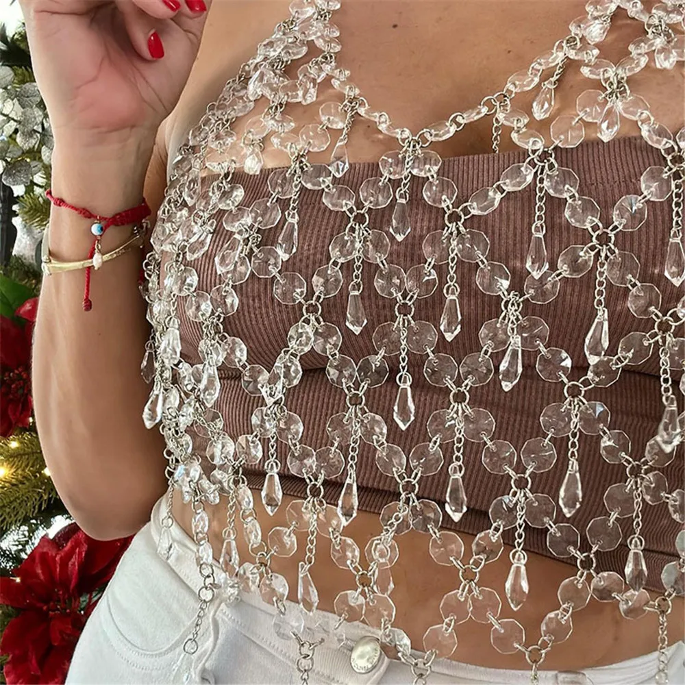 Sexy Transparent Crystal Acrylic Tank Top for Women Trendy Hollow Out Backlesss Halter Solid y2k Diamonds Nightclub Crop Tops