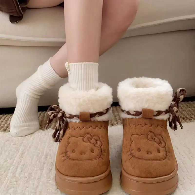 New Hello Kitty Snow Boots Sanrio Winter Y2k Warm Cotton Shoes Cartoon Girl Outdoor Fashion Thick Bottom Non Slip Short Boot