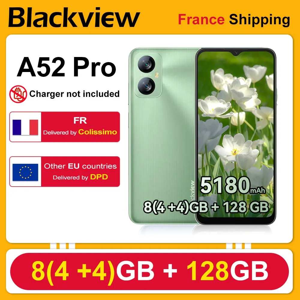 Blackview A52 Pro [Senza caricabatterie UE] Schermo HD+ da 4 GB + 128 GB da 6,5 5180 mAh - 13 MP + 5 MP - Android 13 4G - GPS Dual SIM