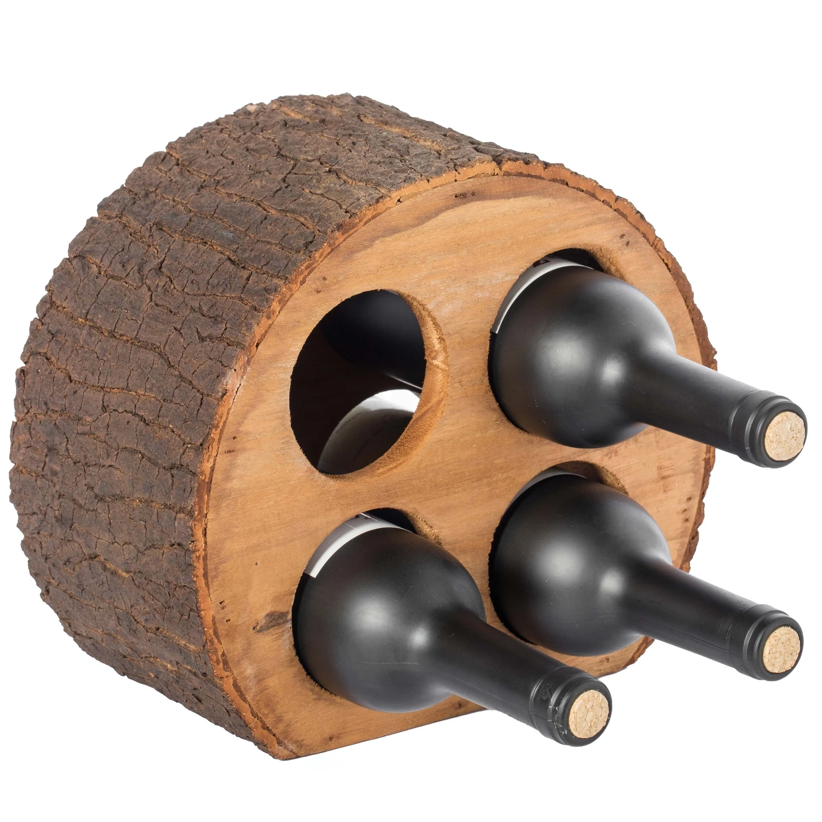 

New Round Wood Log Style with Bark 4 Bottle Countertop Wine Rack Holder