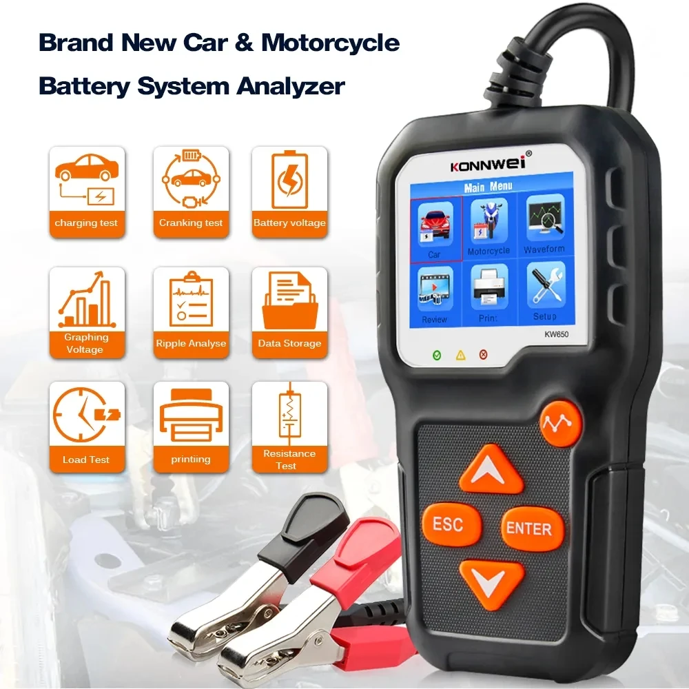 KONNWEI KW650 6V 12V Car Battery Tester 100 to 2000 CCA Motorcycle Auto Battery Analyzer Car Moto Cranking Charging Test Tool