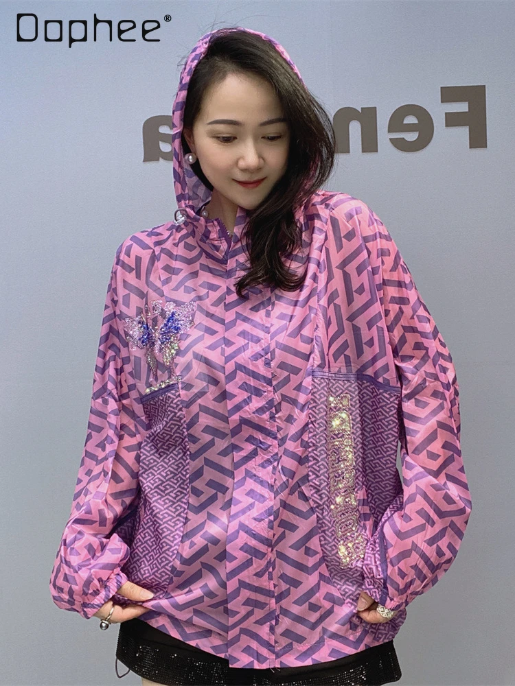 

Purple Butterfly Long Sleeve Sunscreen Coat Women's Clothing 2024 Summer New Heavy Craft Rhinestone Loose Zip Thin Hoodie Coat