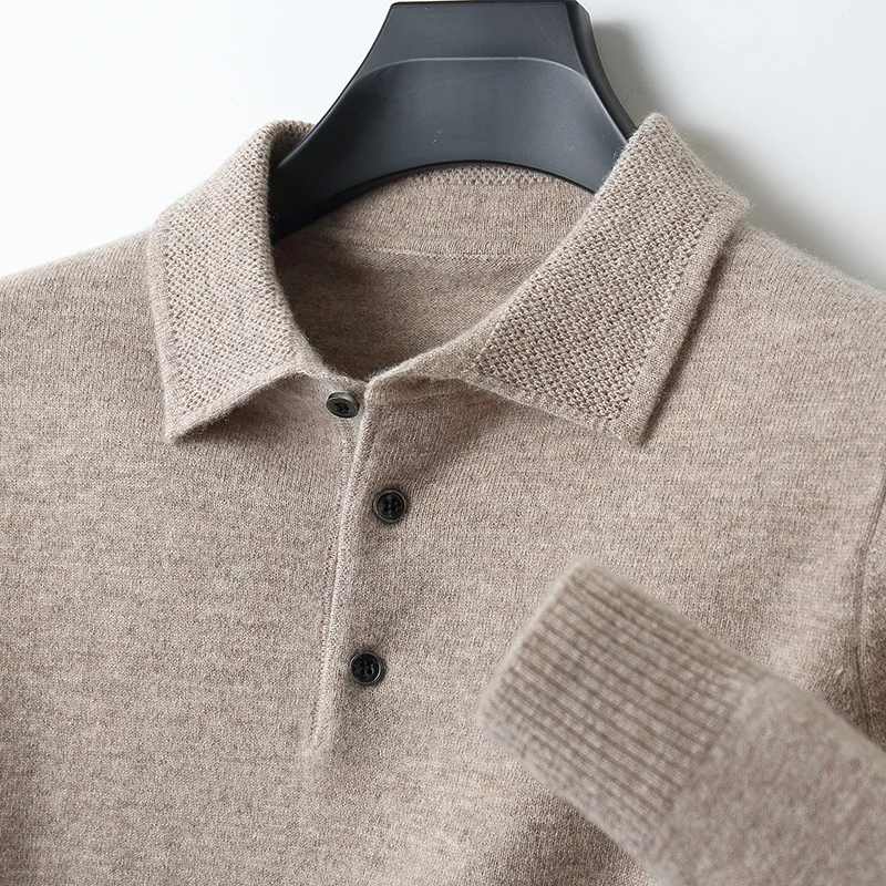 Pull en cachemire à col polo pour hommes, 100% pure laine, bouton à revers, tricot d'affaires, fond, automne et hiver, nouveau