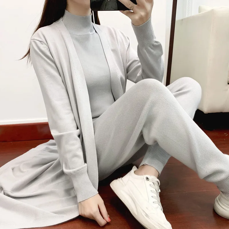 Women Sweater 3 Piece Set Tracksuit 2024 Spring Autumn Long Cardigan Coat + Half Turtleneck Vest + Pants Knitted Suits Outfits