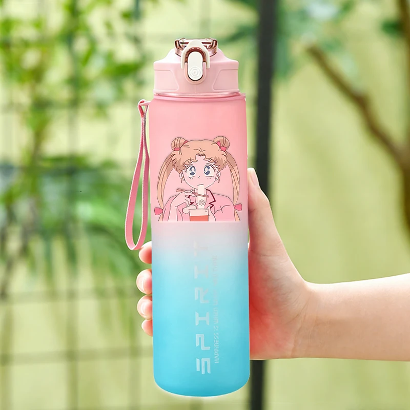 800ml Sailor Moon Kinder-Trinkflasche mit Farbverlauf, Niedliche Cartoon-Mädchen Sport-Outdoor-Strohhalmflasche, Große Kapazität Reise-Trinkbecher
