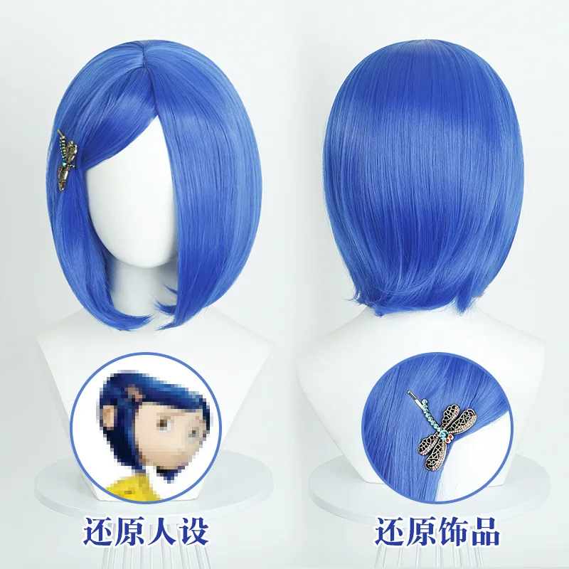 Halloween Costume Party Movie Coraline Cosplay Bob Short Straight Synthetic Blue Wig with Hairpin