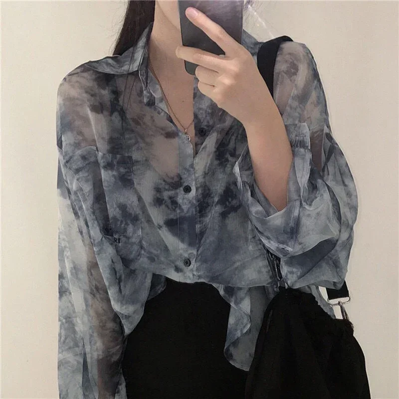 Vintage Shirt Women Harajuku Tie Dye Print 2024 Korean Loose Casual Chiffon Blouse Autumn Holiday Transparent Gothic Hippie Top