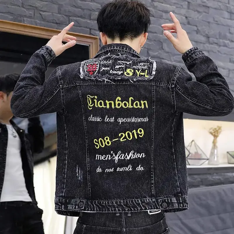 

GELITAYIN Male Jean Coats Slim Fit With Print Men's Denim Jacket Punk Lxury Clothing Large Size Worn New In Cowboy Fast Delvery