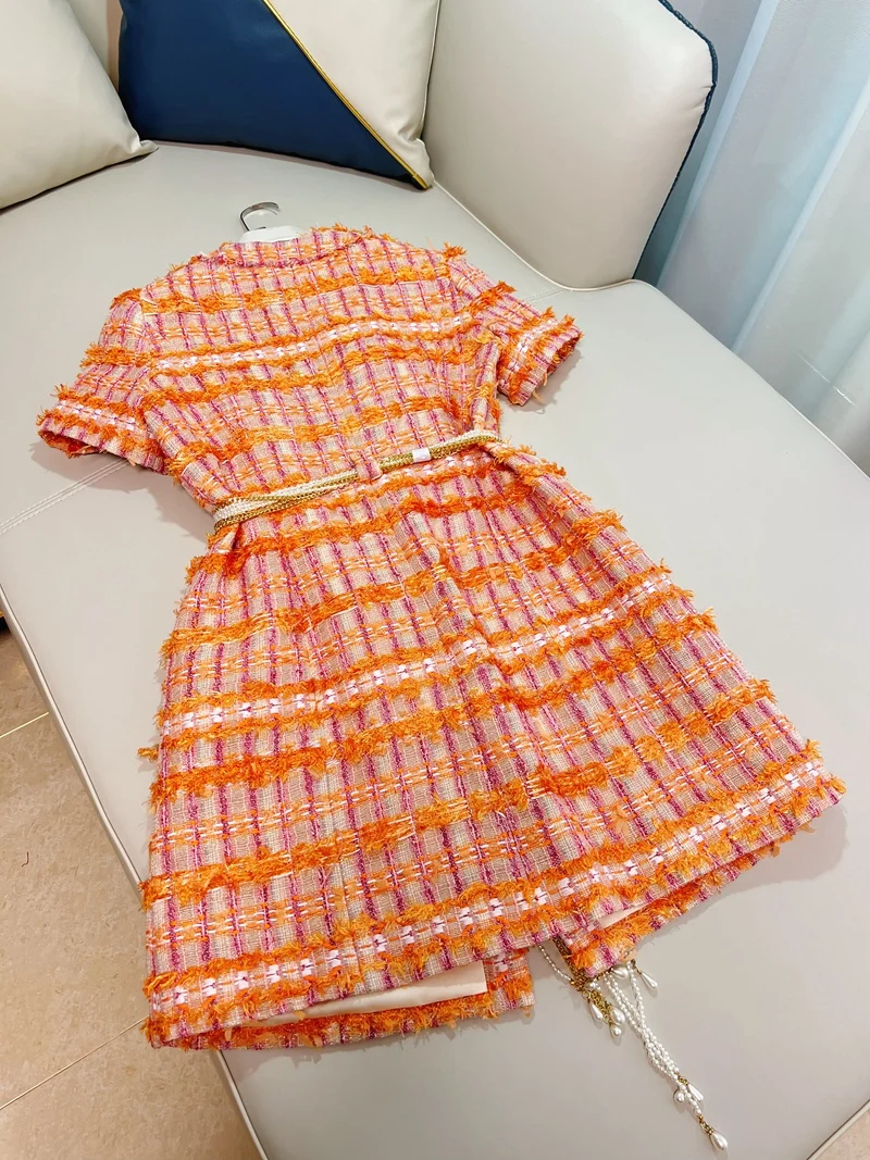 lingzhiwu Orange Plaid Dress Tweed French 2024 Autumn Winter Ladies Elegant Top Quality Designer Chain Waist Vestidos New Arrive