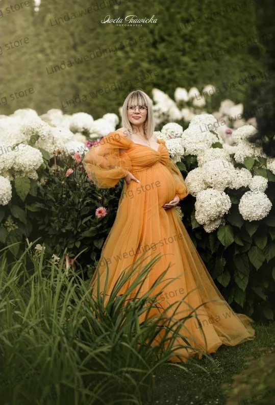 Orange Maternity Dresses Off Shoulder Long Sleeves Tulle Pregnancy Dress For Photoshoot Floor Length For Babyshower