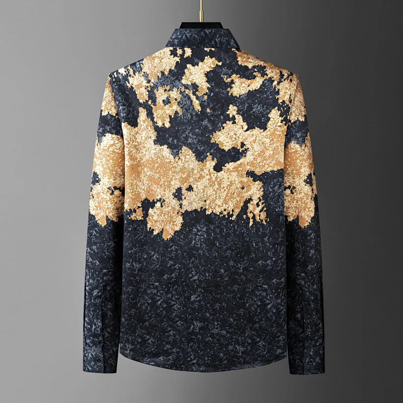 Golden Printed Long Sleeved Shirt for Men Fashion Casual Business Shirts Social Party Banquet Stage Performance Costumes