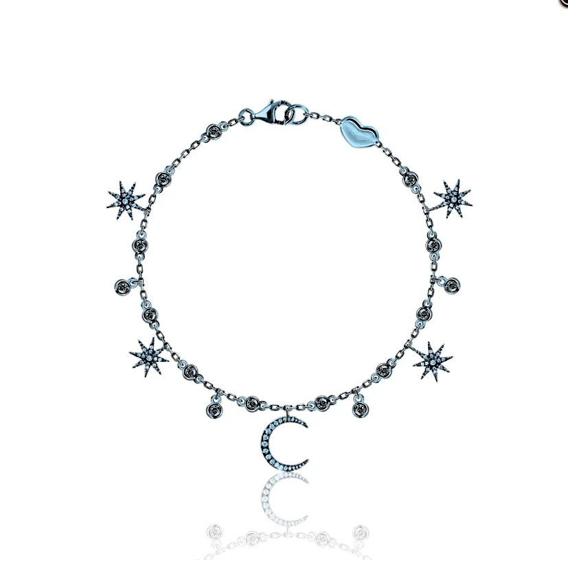 

925 Fine Jewelry Women Bracelet in Black gold Plating with Star and Moon For Gift party Girl's Trendy Summer