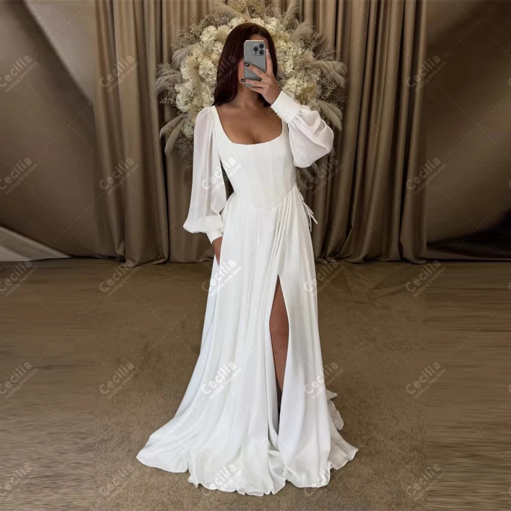 Robes De mariée simples Robes De mariée gracieuses manches longues bouffantes Robes col carré Sexy haute fente personnalisé robes De Novia