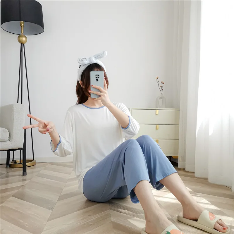 Spring/Summer 2024New Women's Modal Pajama Set Color Contrast 3/4 Sleeve+8/4 Pants Large Home Set Two Piece Pajama Set Sleepwear