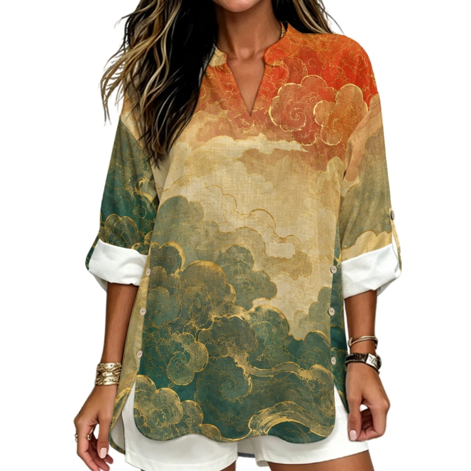 PENSTROLL Vintage Cloud Print Linen-Like Long Sleeve Shirts for Summer Casual Fit Casual Shirts Women Loose Fit Tops