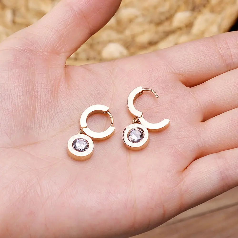 Elegant Fashion Jewelry Titanium Steel Circle Zircon Roman Digital Korean Style Earrings Women Earrings Eardrop Dangle Earrings