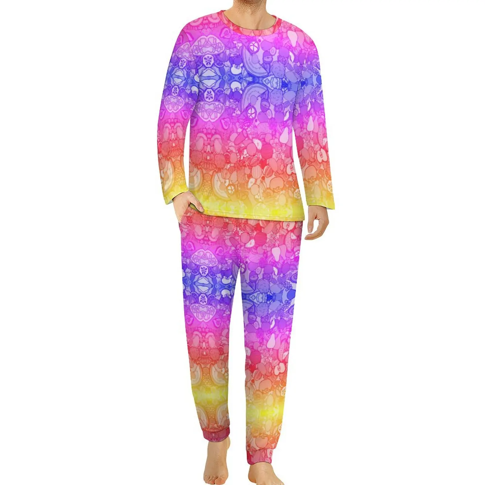 Bright Fruit Doodle Pajamas Autumn 2 Piece Rainbow Print Soft Pajama Sets Man Long Sleeve Bedroom Graphic Sleepwear 3XL 4XL 5XL