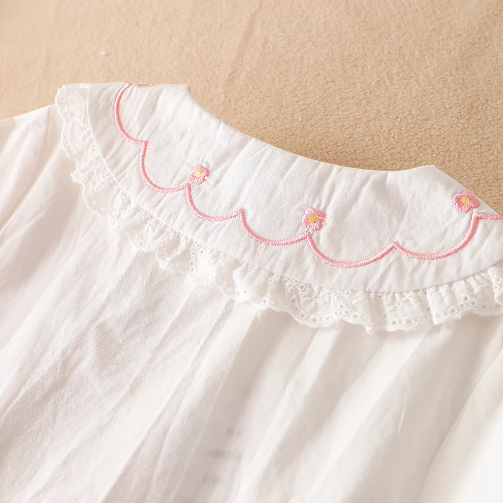 Weißes Hemd für Mädchen, 100 % Baumwolle, 5–12 Jahre, bestickt, gerüschter Kragen, Spitzenbesatz, langärmeliges Oberteil, Kinderkleidung für den Schulanfang – Detail 4