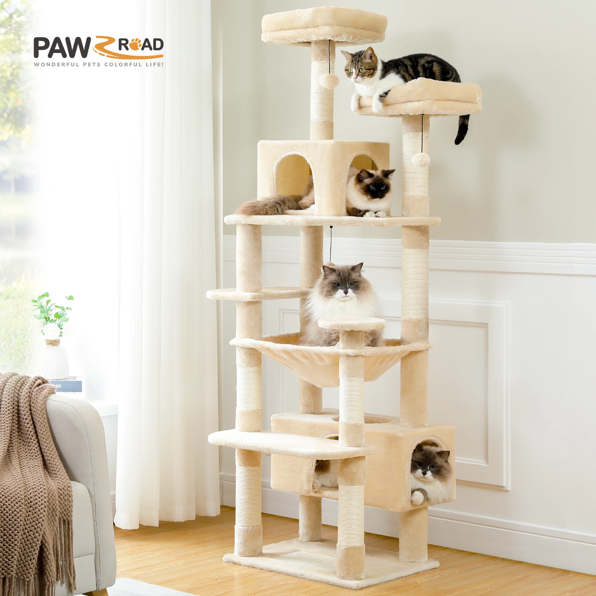 

Multi-Level Cat Tree Tower with Scratching Posts&Board, Hammock, Cat Condo, Spacious Top Perch,Dangling Balls for Indoor Cats