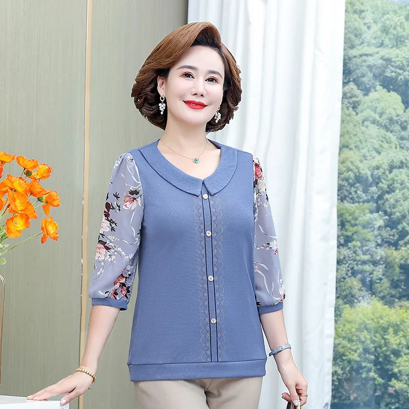 New Chiffon Long Sleeve Shirt Autumn Bottom Shirt Middle aged Female Mom Spring T-shirt Top