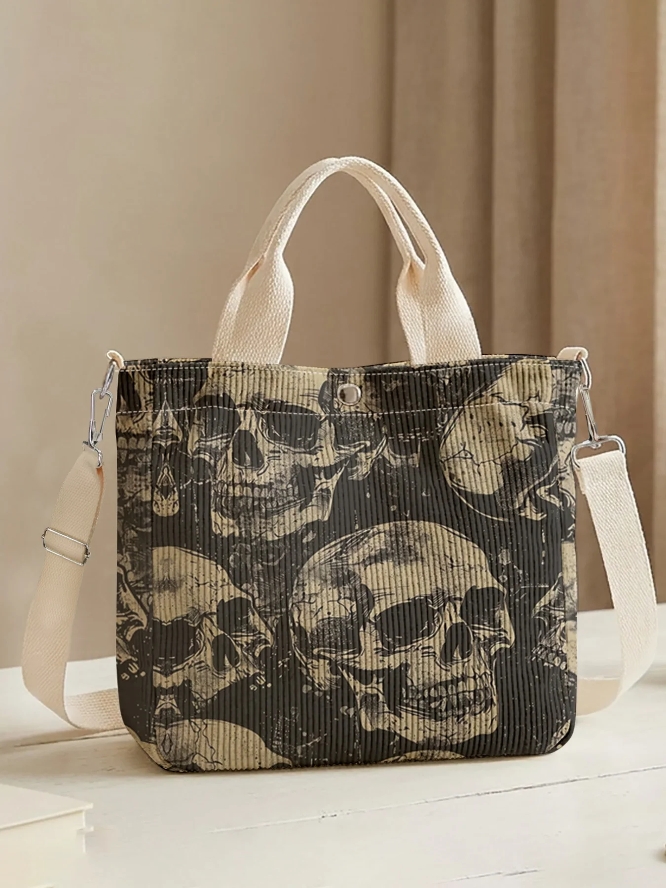 Skull Print Crossbody Tote Bag Removable Strap Handbag For Shopping Daily Use