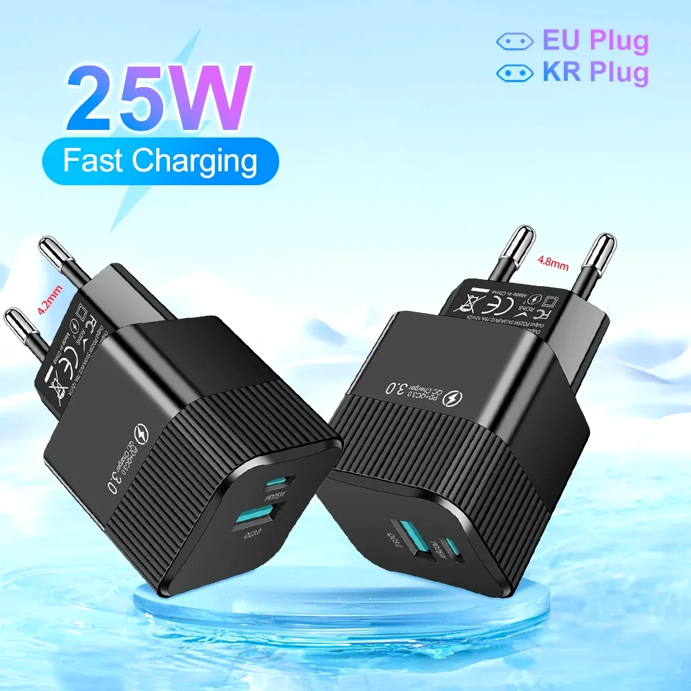 2 Ports PD 25W USB C Fast Charger KR EU  Mini Travel Plug Phone Fast Charging Adapter for iPhone 15 Pro Max Oneplus