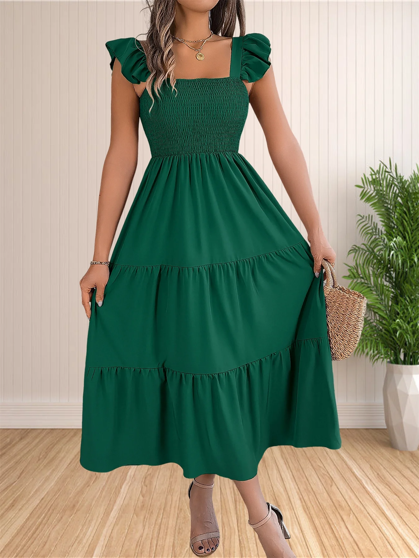 Robe longue à imprimé floral pour femmes, style bohème, décontractée, bretelles spaghetti, col carré, maxi, plage, soleil, été