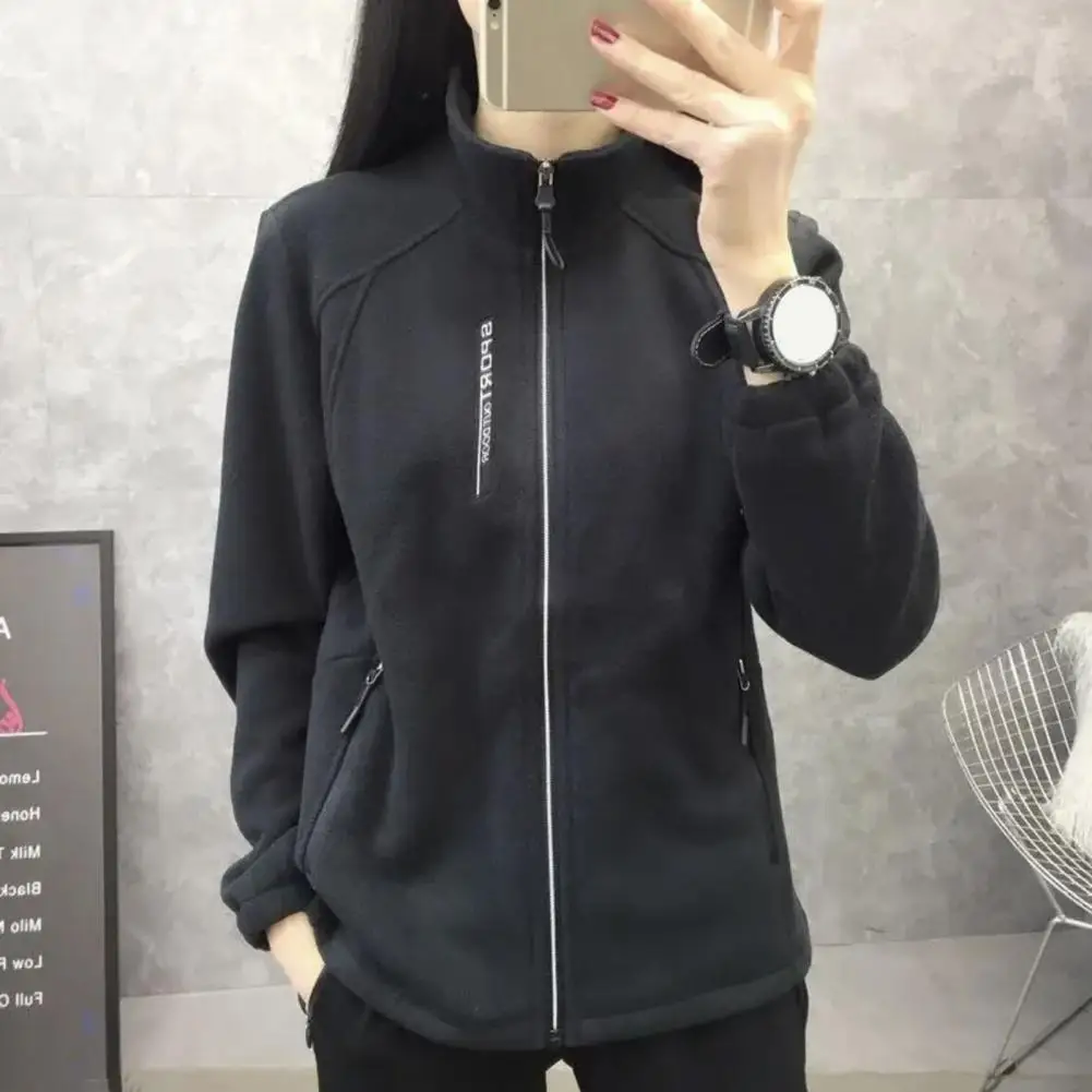 Women Coat Stand Collar Zip-up Polar Fleece Sport Style Long Sleeves Plush Jacket Thermal Cardigan Exercise Jogging Coat 여성용 외투