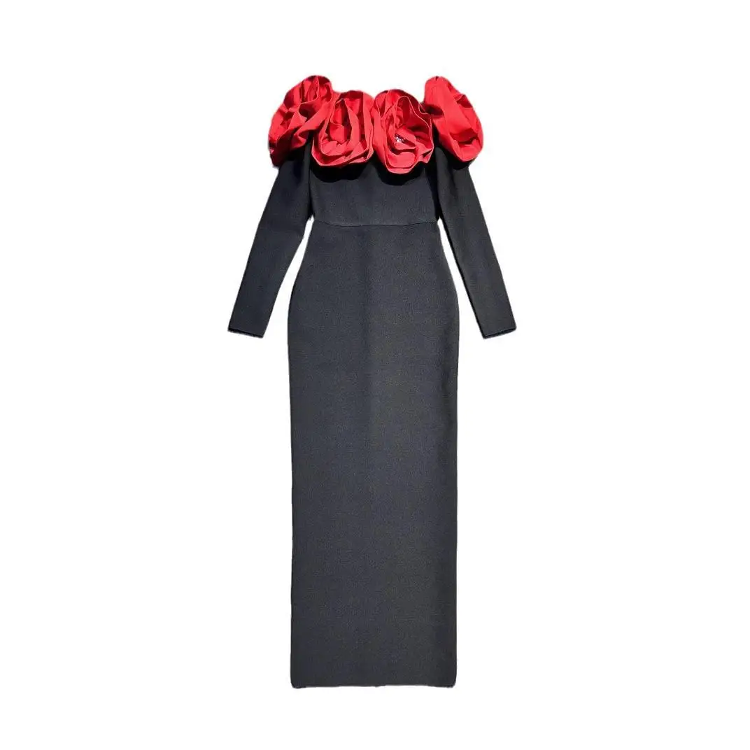 ชุดราตรีผู้หญิงลายดอกไม้พิมพ์ลายหรูหรา แขนยาวเปิดไหล่ พร้อมเข็มขัด ทรงเอ สไตล์ CiWalk Basic Sle H-ape