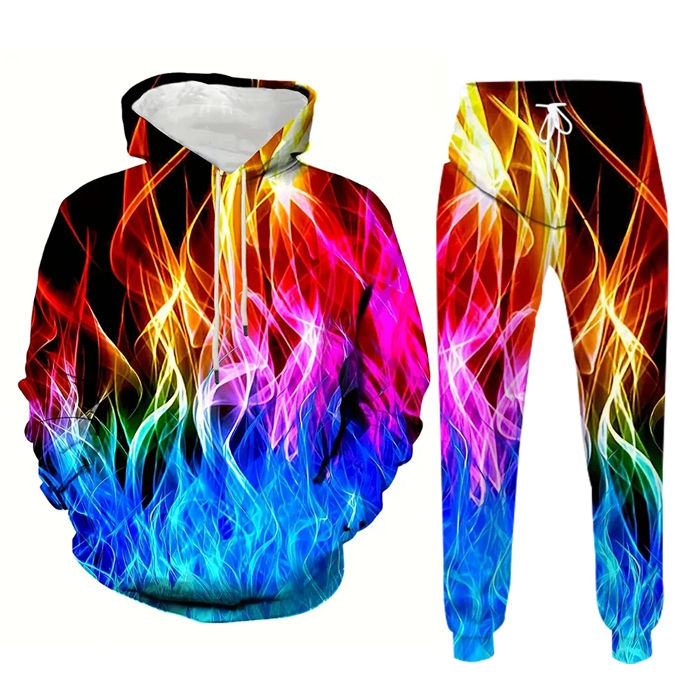 Autunno fiamme luminose 3D stampato felpa con cappuccio tuta da uomo felpe pantaloni sportivi moda Casual due pezzi tuta Set abbigliamento da uomo