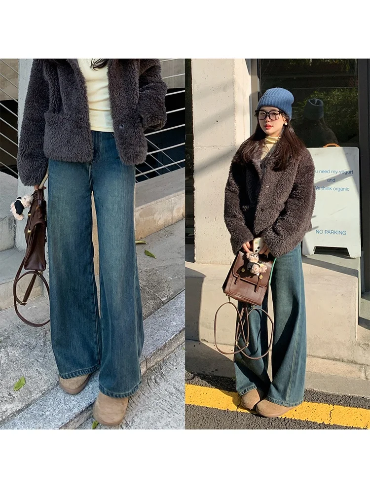 

Винтажные женские джинсы с широкими штанинами и подкладкой, зимние брюки в пол, повседневные свободные брюки-клеш от langpin