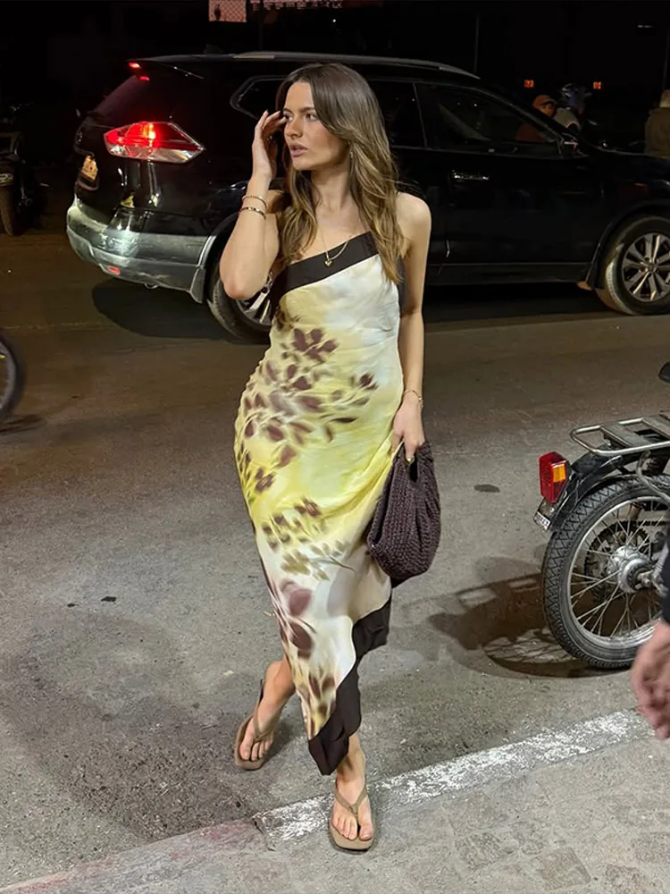 Diagonal Cut Spaghetti Strap Dress Vintage Fitted Waist Printed Panels Asymmetrical Hem Dresses Chic All-match Women Summer Gown