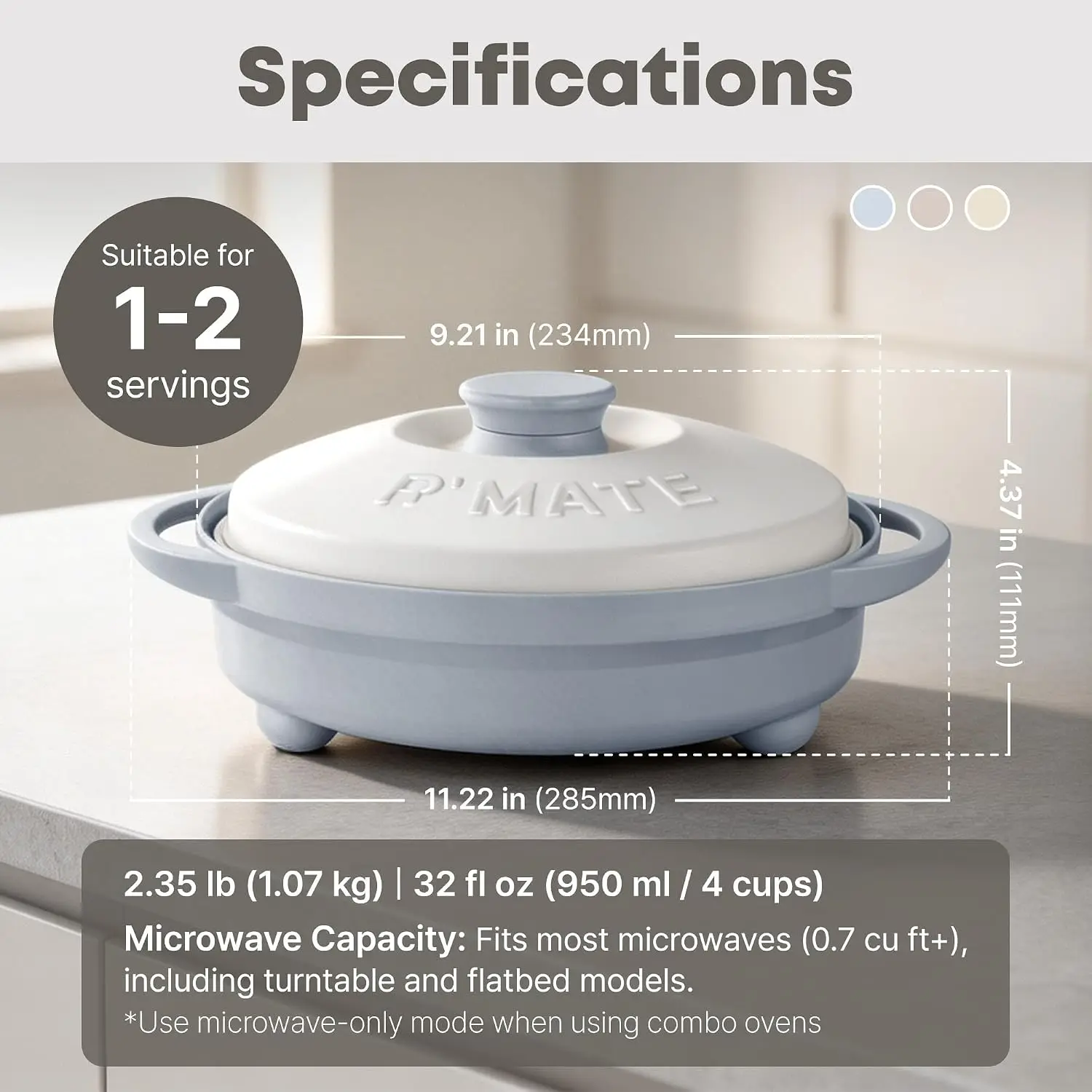 Microwave Searing Grill Pan, Searing Crisper with Lid, 750°F (400°C), Quick-Meal Multi-Cooker for RV and Dorm, 100% Dishwasher Safe, Coastal Blue